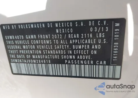 2013 Volkswagen Jetta S from USA, damaged, VIN 3VW2K7AJ9DM284618